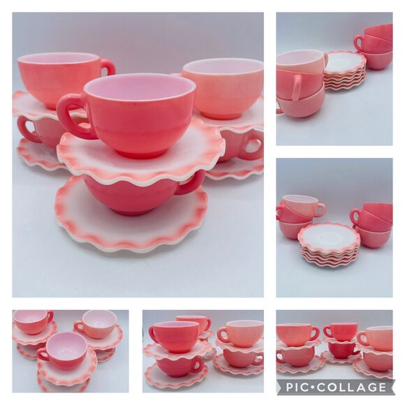 2 Vintage Hazel Atlas Ruffled Saucers Pink Ripple Crinoline Cups Milk Glass - Picture 12 of 12